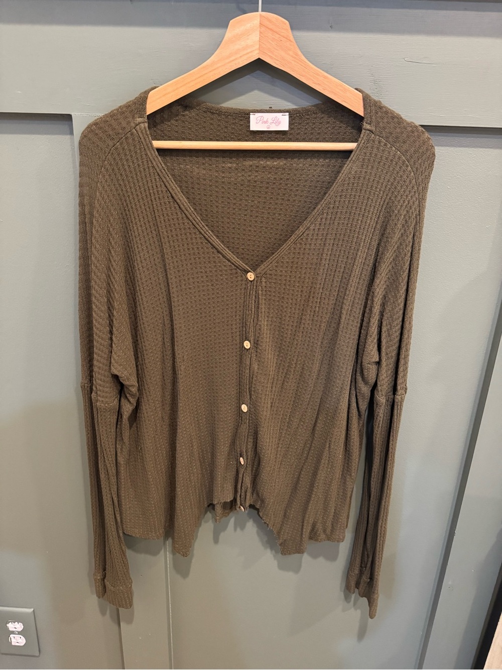 Pink Lily Olive Waffle-Knit Button-Up Top